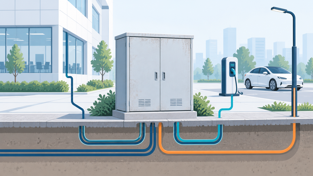 設備箱から充電器、建物、街灯へつながる配線で、見落とされがちなインフラの役割を示す構図