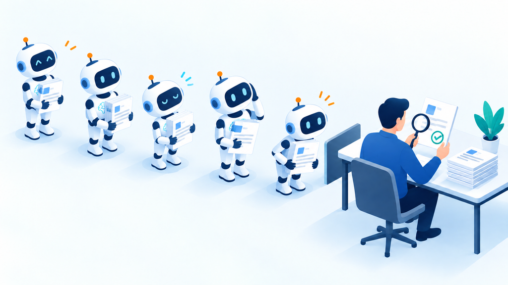書類を確認する人間の担当者の横に、確認待ちの書類を抱えた5体のAIロボットが行列を作っている様子
