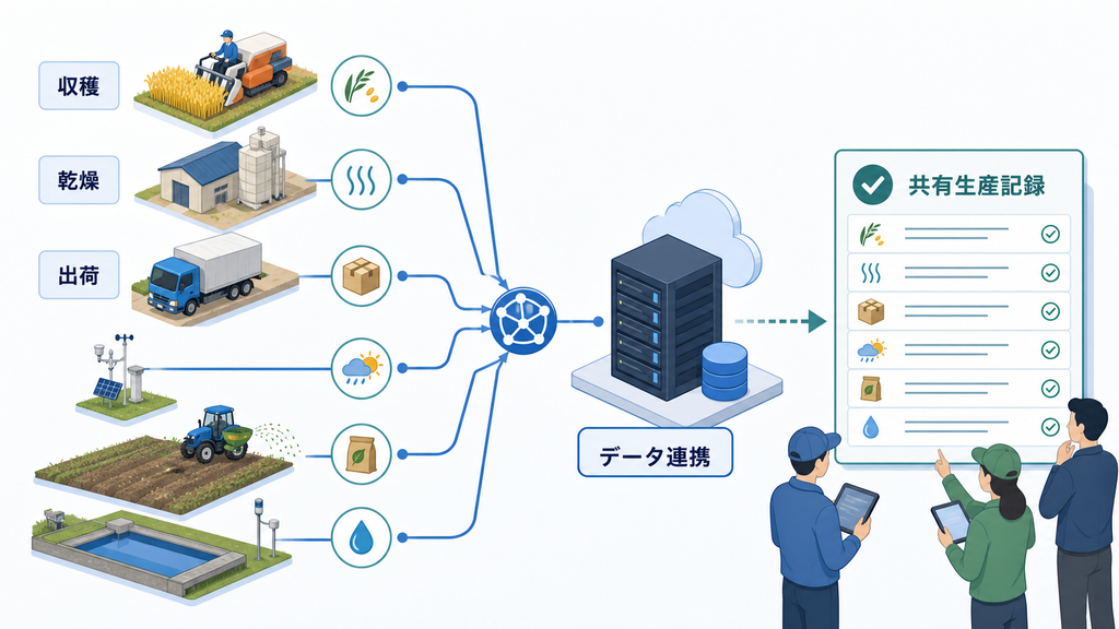 収穫、乾燥、出荷、気象、施肥、水管理のデータを連携し、共有生産記録にまとめる流れ