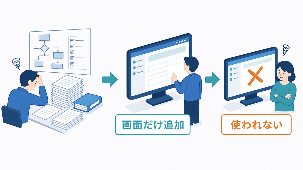 古い手続きのルールを残したまま画面だけ追加し、利用者が手続きを完了できない状態