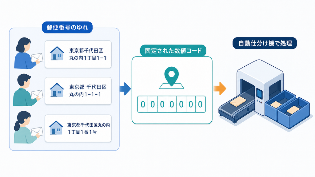 表記が揺れる住所を郵便番号へ対応づけ、機械による自動仕分けを可能にする流れ