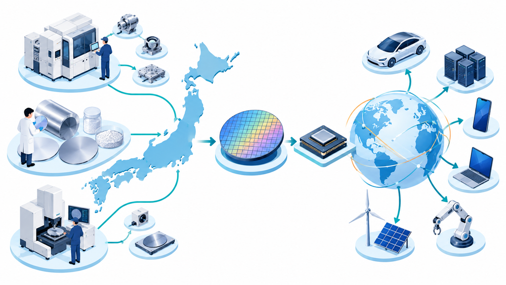 日本の精密装置、材料、検査の担い手が世界の半導体供給網を支えるイメージ