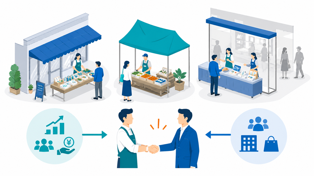 店舗の軒先や市場の一角を借り、場所を持つ側と商人が利益を分け合う商いの様子