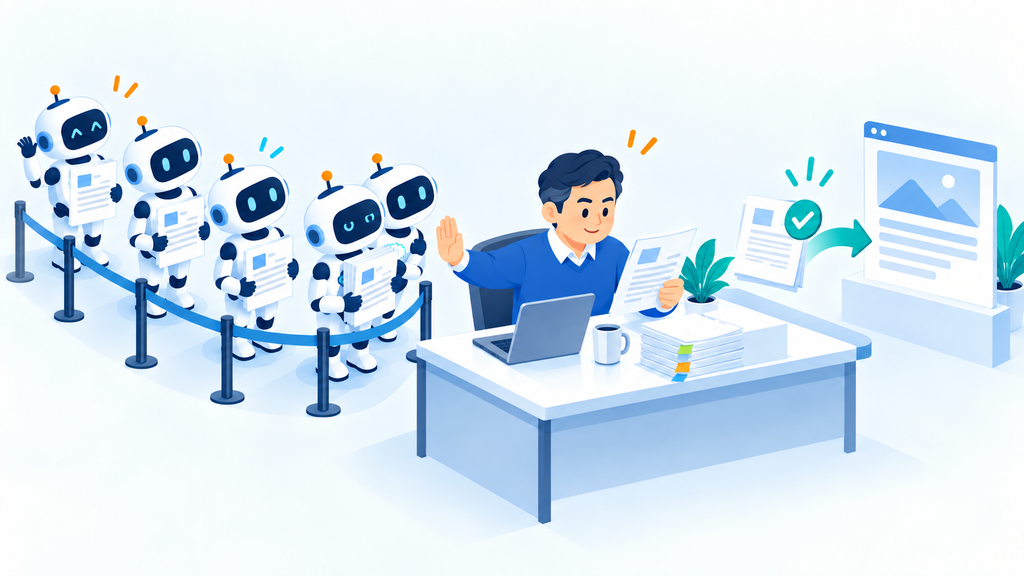 中年男性の編集長が5体のAIロボットを待機レーンに並ばせ、確認済みの原稿だけを公開側へ通す様子