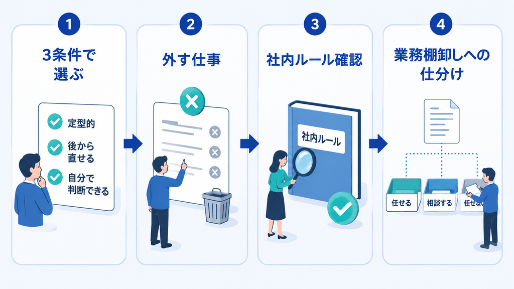 生成AIへ任せる仕事を3条件で選び、外す仕事と社内ルールを確認して業務を仕分ける手順