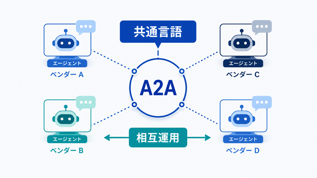 異なるベンダーのAIエージェントがA2Aという共通言語で相互運用する構造