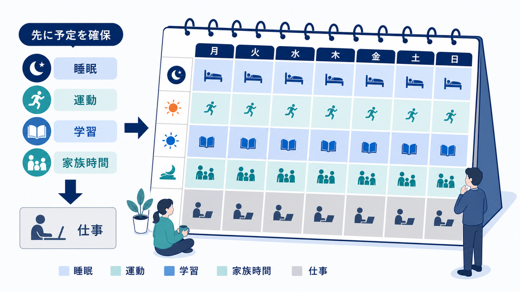 睡眠・運動・学習・家族との時間を先に確保し、残りへ仕事を配置する予定表