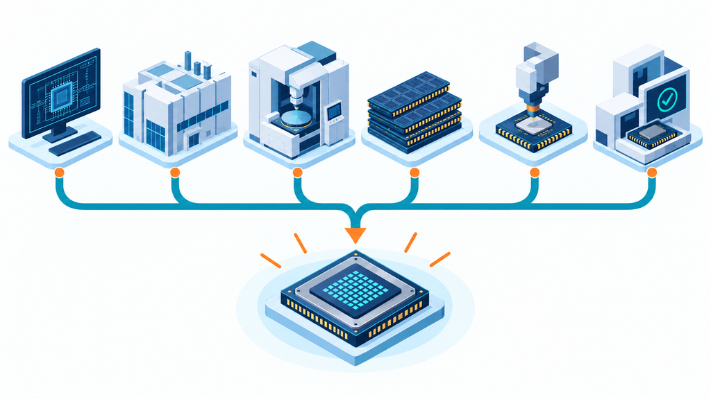 設計、製造、装置、メモリ、実装、検査がAI半導体へつながる分業構造の図