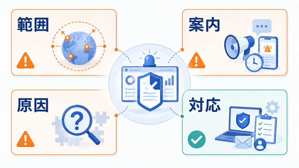 事故対応を範囲把握、利用者案内、原因説明、実施済み対応の四つの観点から評価する図解