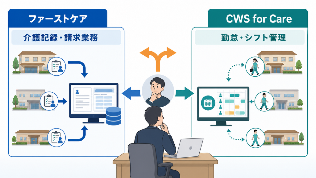 介護記録・請求業務を一元化するソフトと、勤怠・シフト管理を一元化するソフトの目的差を比較する図解