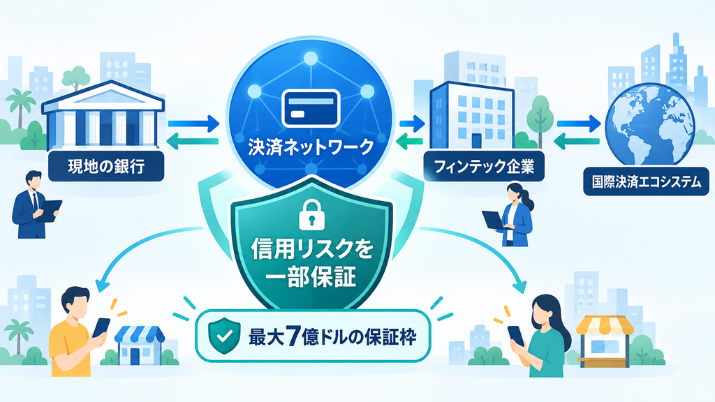 新興国の銀行・フィンテックと国際決済網を結び、信用リスクの一部を保証する仕組みの図。