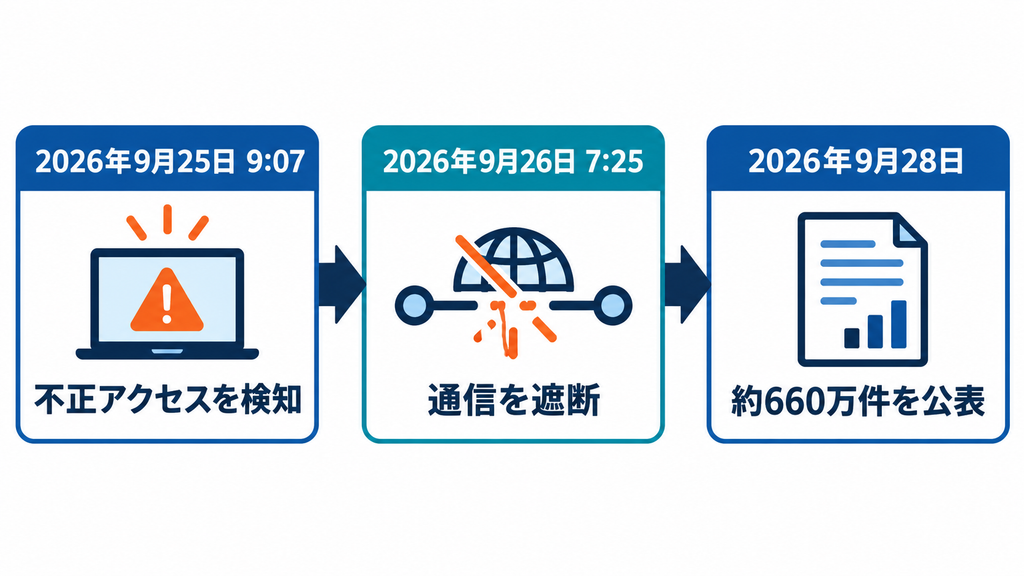 2026年9月25日の不正アクセス検知から9月28日の約660万件公表までの経過、および漏えいした情報の区分を示した図