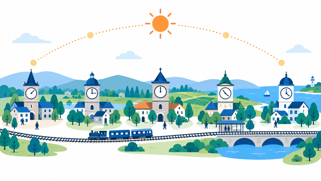 太陽の下、異なる時刻を指す町の時計塔と鉄道。