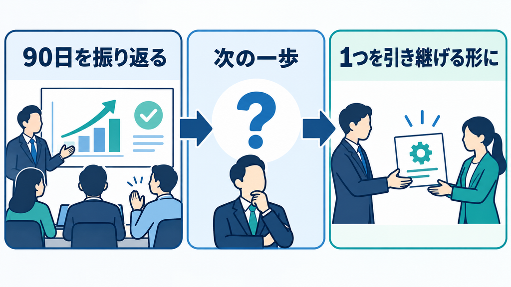 90日の振り返りから、1つの改善を他者へ引き継ぐ次の一歩へ進む図。