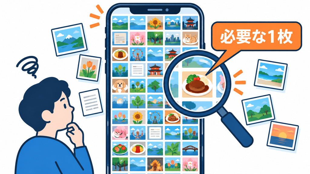 大量の写真が並ぶスマートフォンのライブラリから、虫眼鏡で必要な1枚を探す様子を示した図。