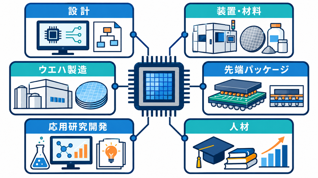 半導体チップを中心に設計、装置・材料、ファブ、先端パッケージ、研究開発、人材を結ぶ生態系の図