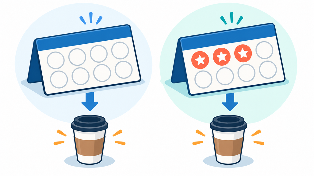 空のスタンプカードと最初から印のあるカードが同じ報酬へ向かう図。