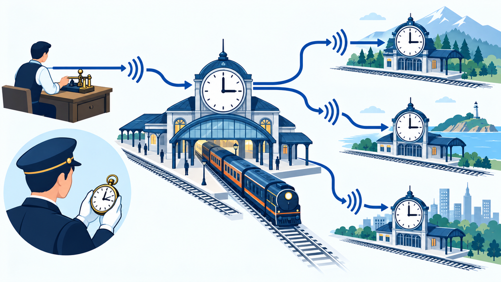 中央駅の時計から各地の駅時計へ共通時刻が伝わる図