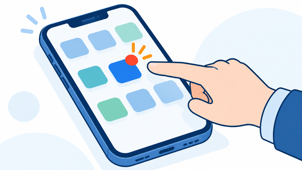 赤い通知印が付いた一つのアプリをタップしようとする手。