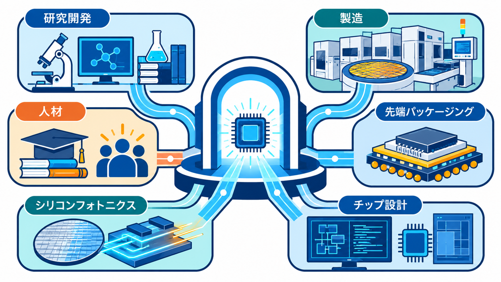 研究、製造、人材、先端パッケージ、フォトニクス、設計を一つの窓口へつなぐ半導体ハブの図