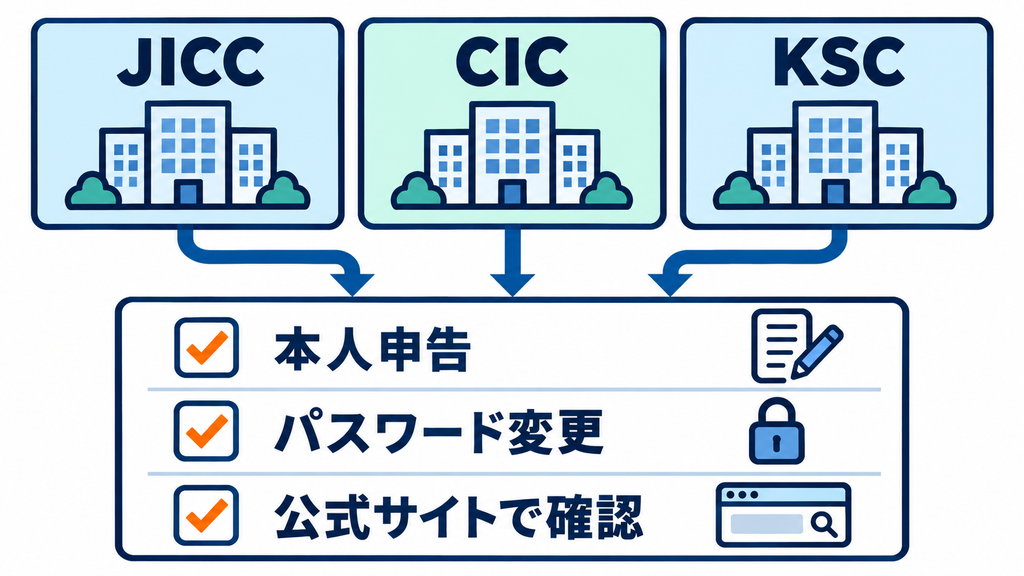JICC、CIC、KSCへの本人申告、パスワード変更、公式サイトでの確認という対応を示した図