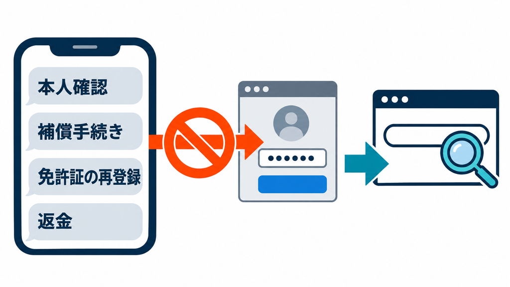 本人確認、補償手続き、免許証の再登録、返金を名乗る連絡のリンクを使わず、公式サイトで確認する重要性を示した図