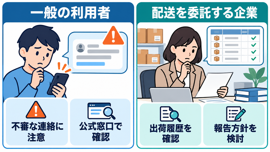 一般利用者は不審な連絡を公式窓口で確認し、配送を委託する企業は出荷履歴と報告方針を確認する図