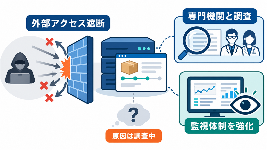 外部アクセス遮断、専門機関との調査、監視強化を示し、原因は調査中と明記した図