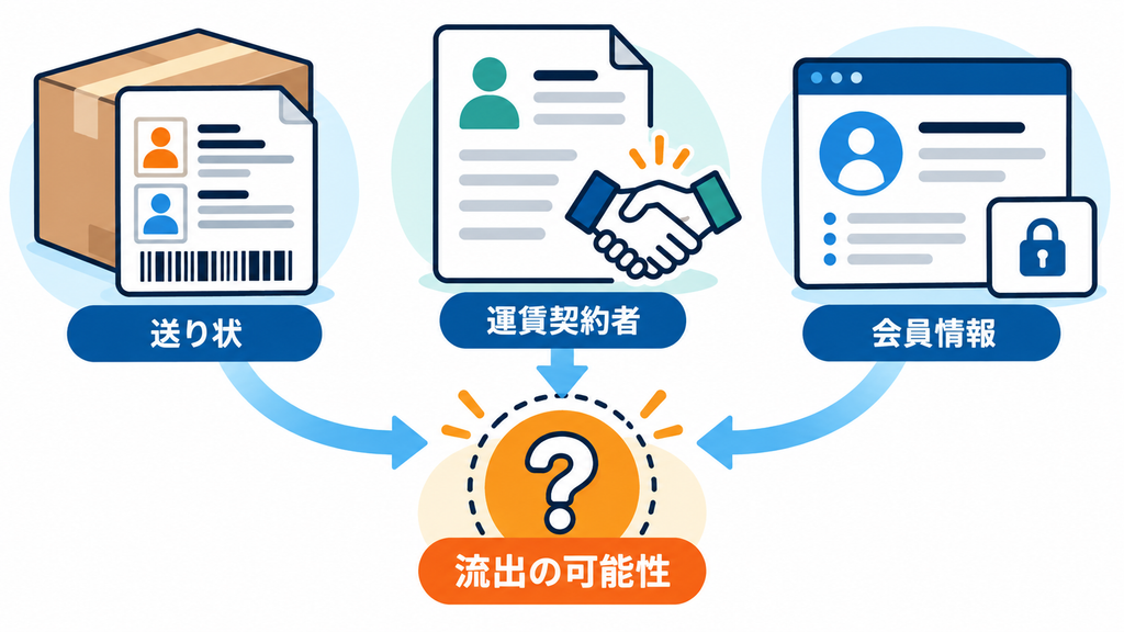 送り状、運賃契約者、会員情報の三種類に流出の可能性があることを示す図