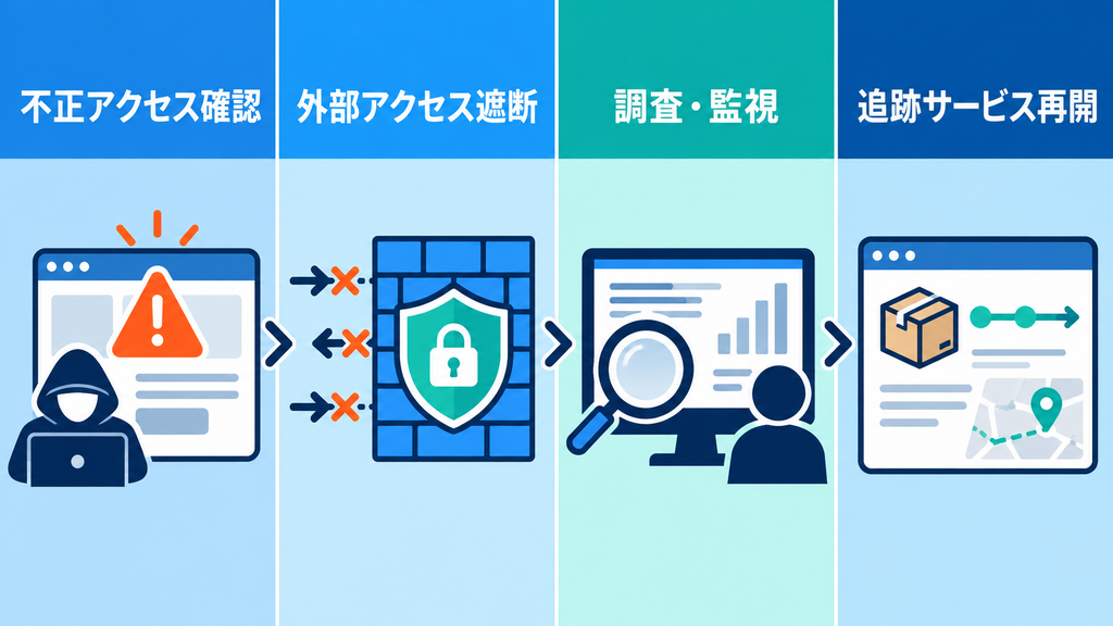 不正アクセス確認から外部アクセス遮断、調査・監視、追跡サービス再開までの流れ