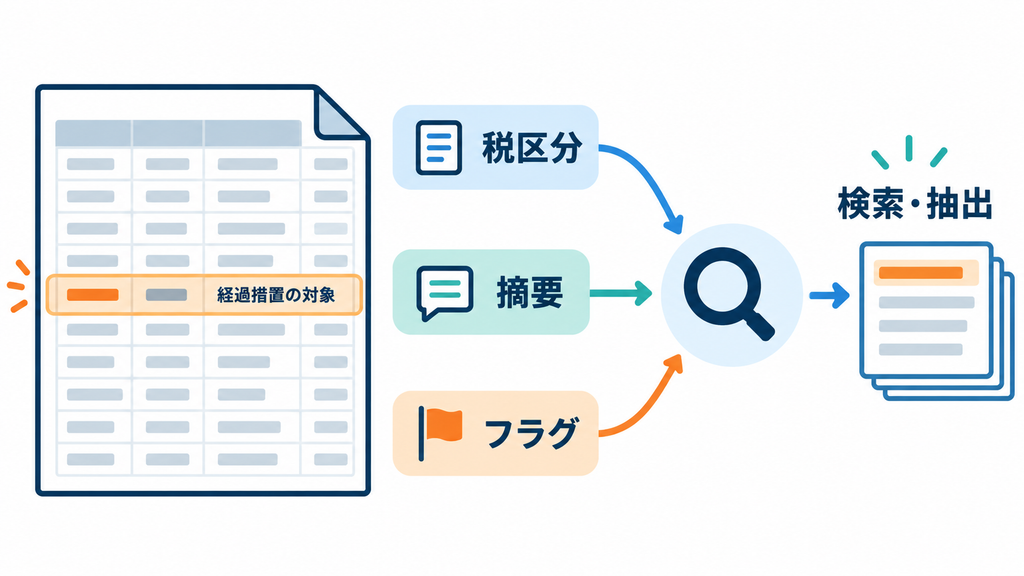 税区分・摘要・フラグのいずれかで経過措置の対象を帳簿上で識別し、検索・抽出する図