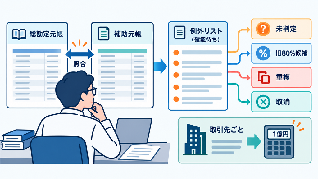 元帳と補助元帳の照合、例外一覧、取引先ごとの1億円の限度確認を示す図