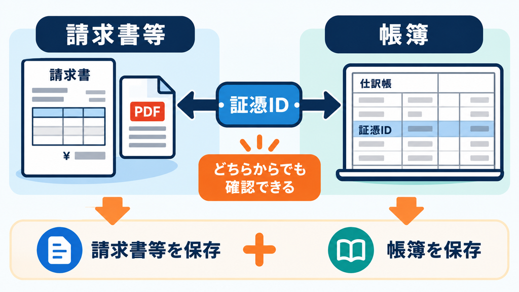 証憑IDで請求書等と帳簿を結び、双方の保存と往復確認を示す図