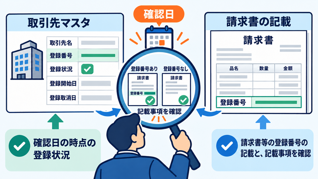 確認日時点の取引先の登録状況と、登録番号の記載がある請求書・ない請求書の双方で記載事項を確認する図