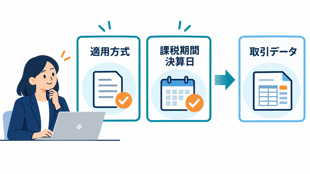取引データを確認する前に適用方式と課税期間・決算日を確かめる図