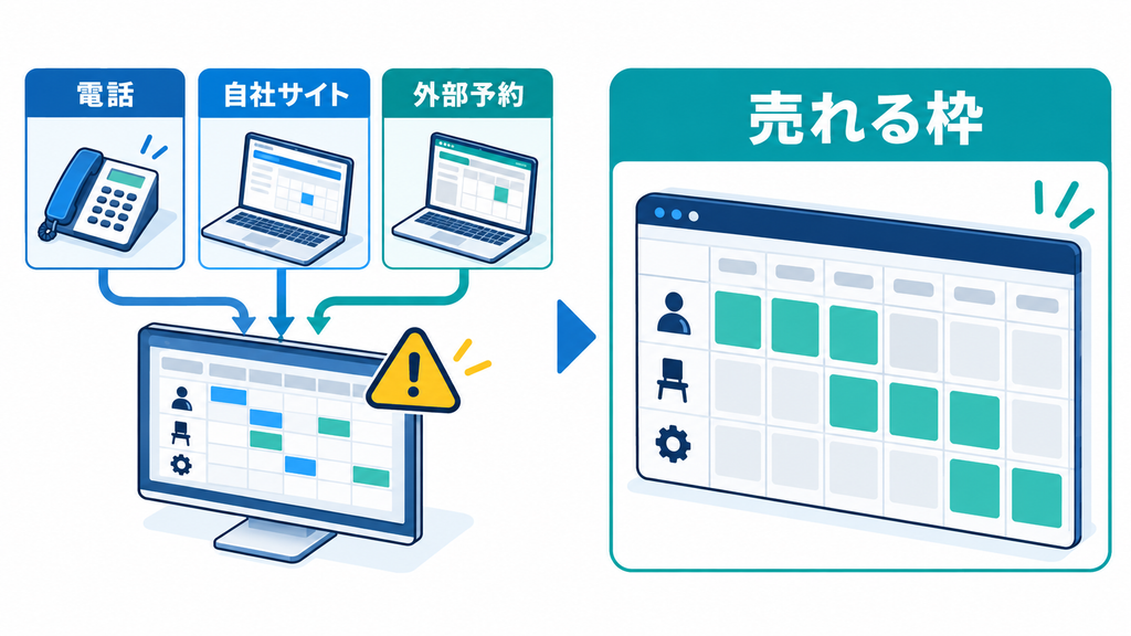 電話・自社サイト・外部予約サイトの予約を集約する画面と、担当者・席・設備ごとの売れる時間枠を対比した図解