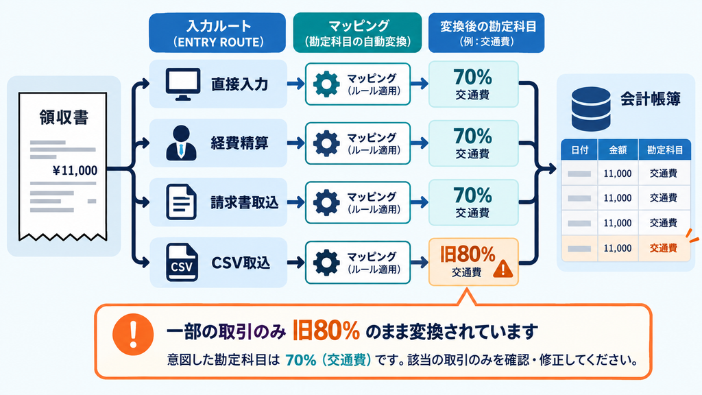直接入力・経費精算・請求書取込・CSV取込の税区分を確認し、旧80%の残存候補を探す図