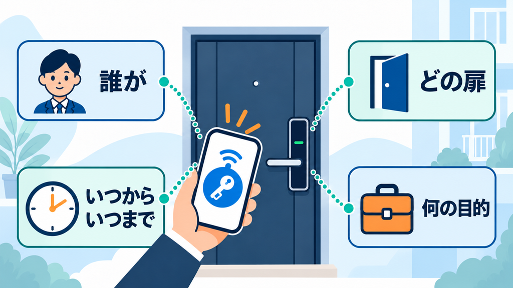 入室権限を「誰が・どの扉へ・いつからいつまで・何の目的で」の4要素で整理した図