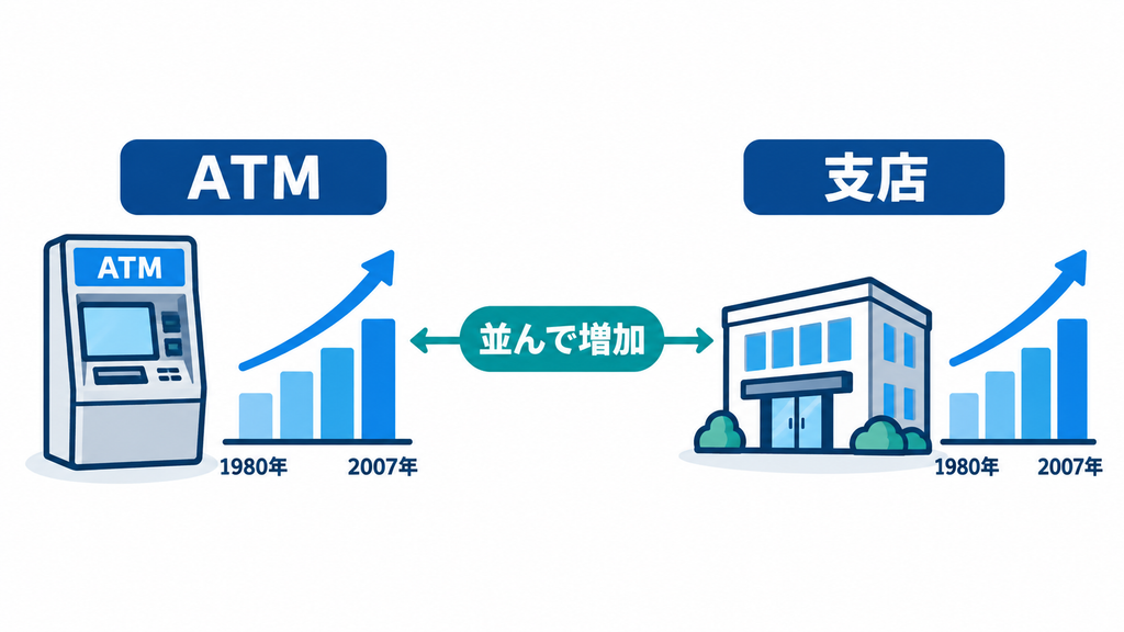 ATMと支店の両方が1980年から2007年にかけて増えたことを、上向きの棒グラフと矢印で並べて示す図