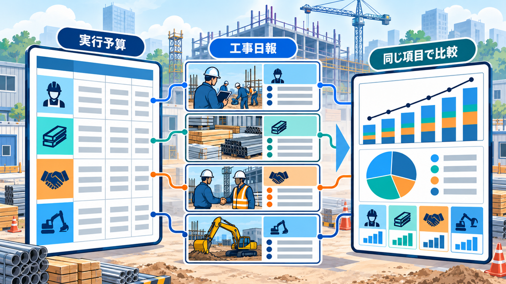 実行予算と工事日報の費目を対応させ、同じ項目で予算と実績を比較する建設現場のイラスト
