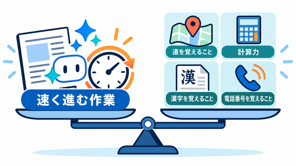 AIで作業が速く進むことと、道、計算、漢字、電話番号を覚える負担を手放すことの関係図