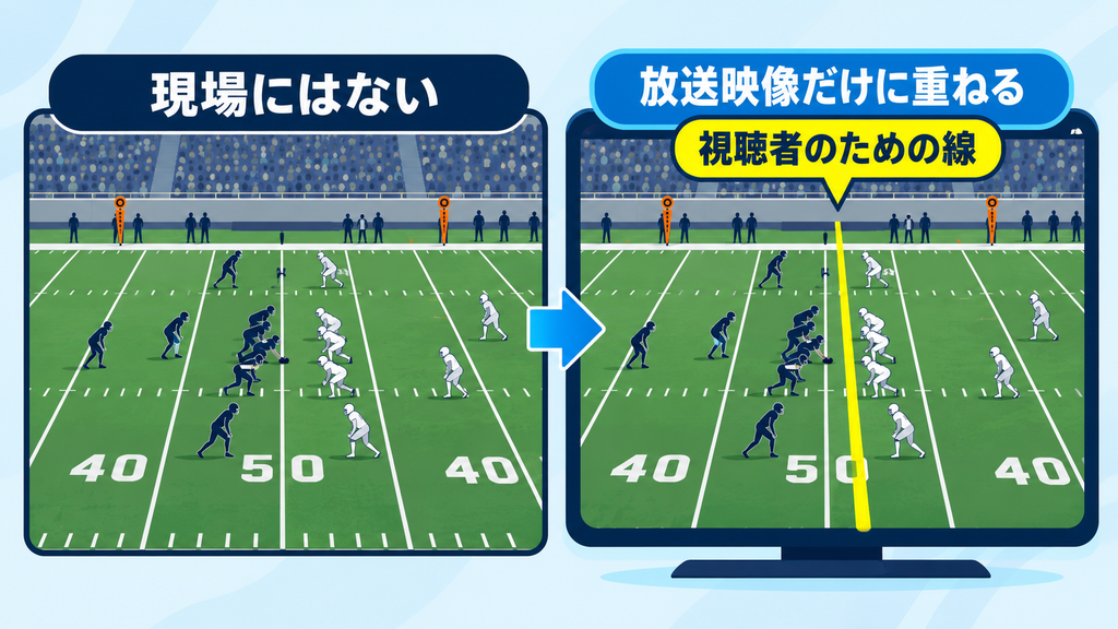 競技場にはない黄色い線が、視聴者のために放送映像だけへ重ねられる比較図。