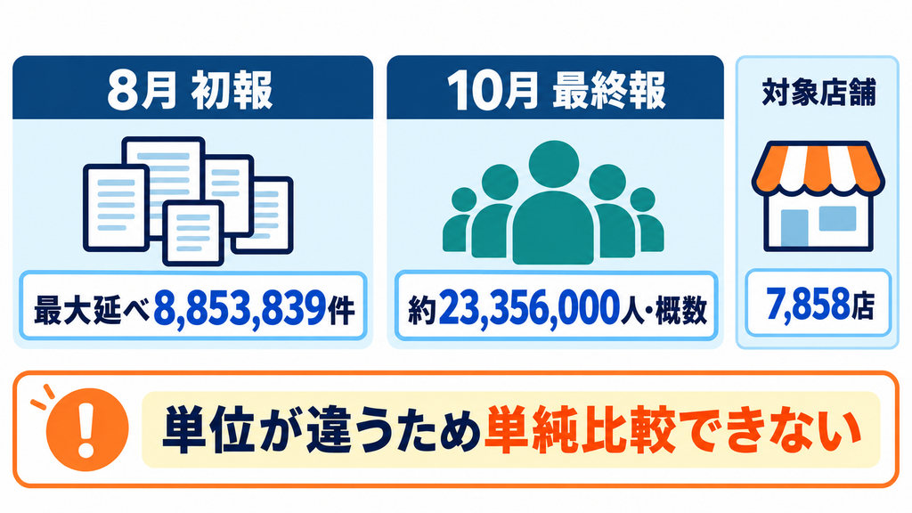 8月初報の最大延べ8,853,839件と10月最終報の約23,356,000人・概数を、因果を示さない並列パネルで示す。対象店舗は7,858店で、単位が違うため単純比較できないことを示す図。