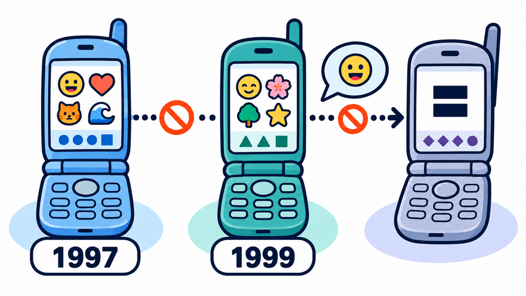 1997年と1999年の初期絵文字端末を含む独自コードの異なる携帯電話間で、絵文字が欠落記号になる状況を示す図