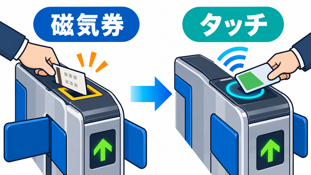 磁気券を通す改札からカードをタッチする改札への変化を示す図
