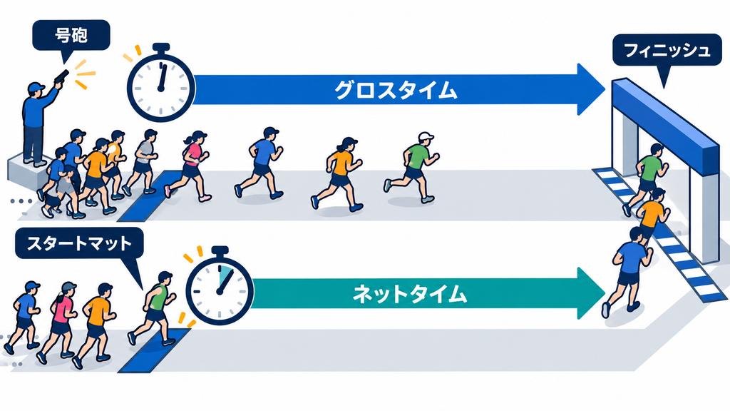 号砲から始まるグロスタイムとスタートマット通過から始まるネットタイムが同じフィニッシュへ向かう図
