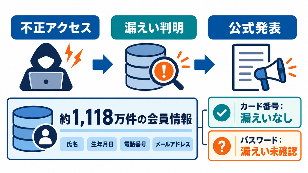 不正アクセスから公式発表までの流れと、約1,118万件の会員情報、カード番号とパスワードの状況を分けて示す図解