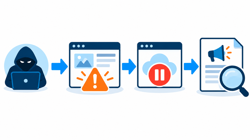 不正アクセスの検知からサービス停止と公表までの流れを示す図解