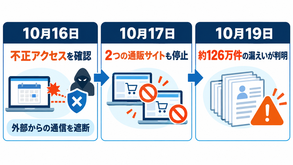 10月16日から19日までの不正アクセス確認、通販サイト停止、約126万件の漏えい判明を示す時系列図