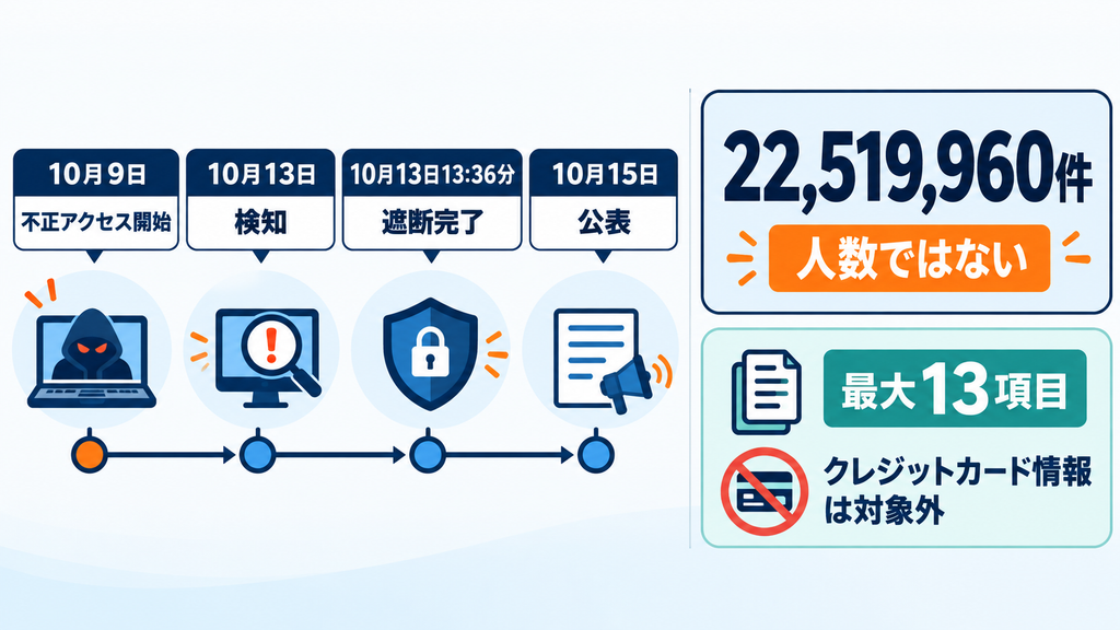 不正アクセスの開始、検知、遮断完了、公表の時系列と、流出可能性のある22,519,960件は人数ではなく最大13項目が対象であることを示す図。